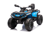 A blue and black Can-Am Outlander 24V kids' ride-on ATV with rubber tires and leather seat.
