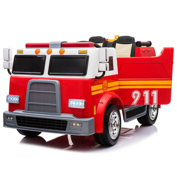 24V Fire Truck 2 Seater Kids Ride On Car with Water Blaster Walkie Talkie Rubber Tires Leather Seat With RC